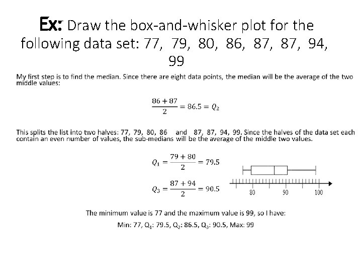 Ex: Draw the box-and-whisker plot for the following data set: 77, 79, 80, 86,