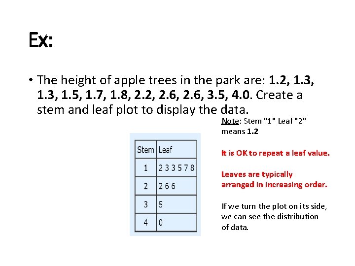 Ex: • The height of apple trees in the park are: 1. 2, 1.