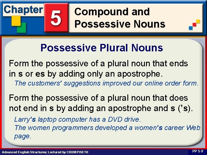 Compound and Possessive Nouns Possessive Plural Nouns Form the possessive of a plural noun