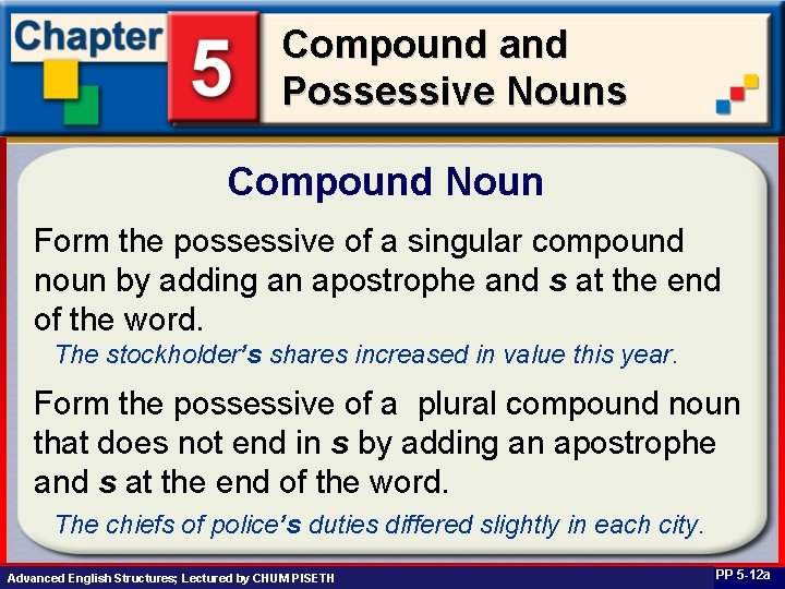 Compound and Possessive Nouns Compound Noun Form the possessive of a singular compound noun
