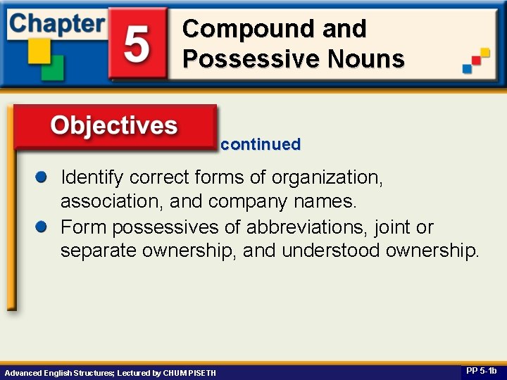 Compound and Possessive Nouns continued Identify correct forms of organization, Objectives association, and company
