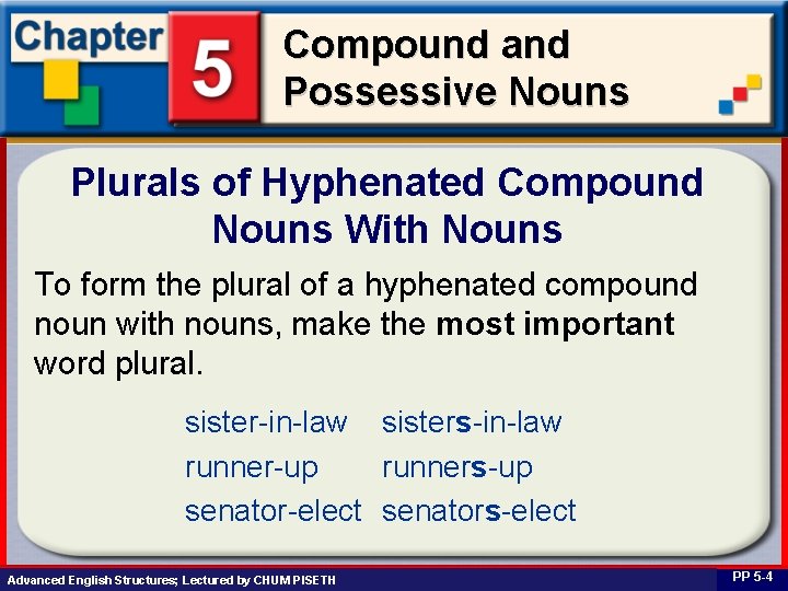 Compound and Possessive Nouns Plurals of Hyphenated Compound Nouns With Nouns To form the
