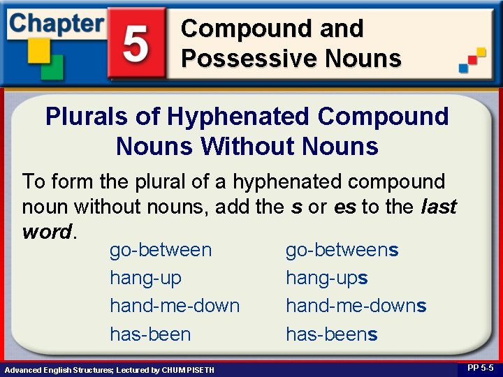 Compound and Possessive Nouns Plurals of Hyphenated Compound Nouns Without Nouns To form the