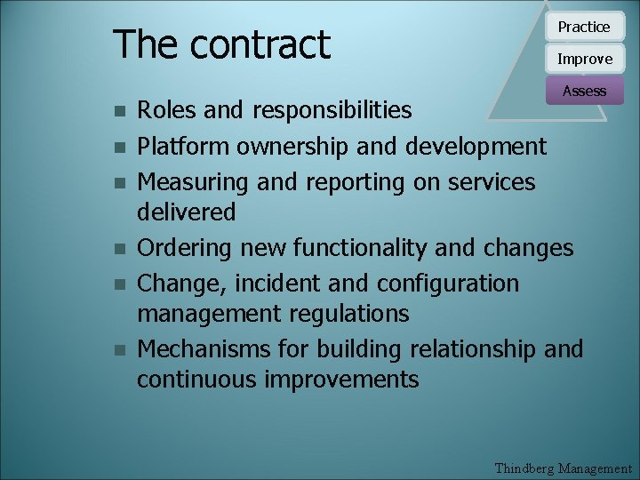 The contract Practice Improve Assess n n n Roles and responsibilities Platform ownership and