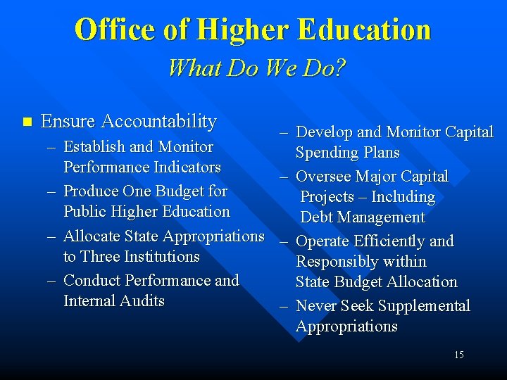 Office of Higher Education What Do We Do? n Ensure Accountability – – –