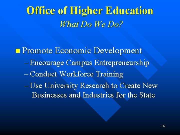 Office of Higher Education What Do We Do? n Promote Economic Development – Encourage