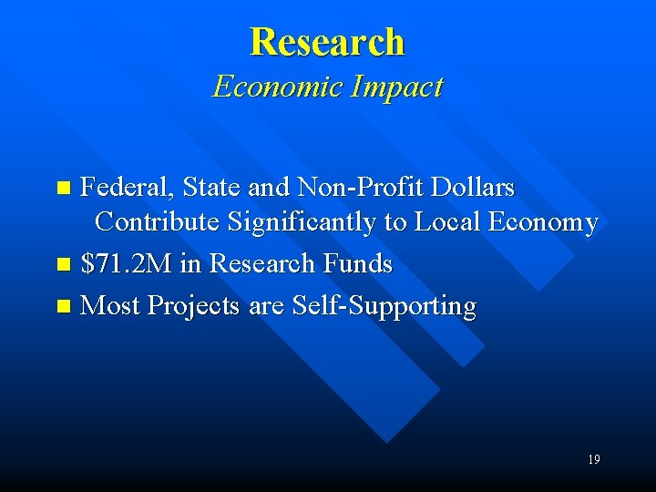 Research Economic Impact Federal, State and Non-Profit Dollars Contribute Significantly to Local Economy n