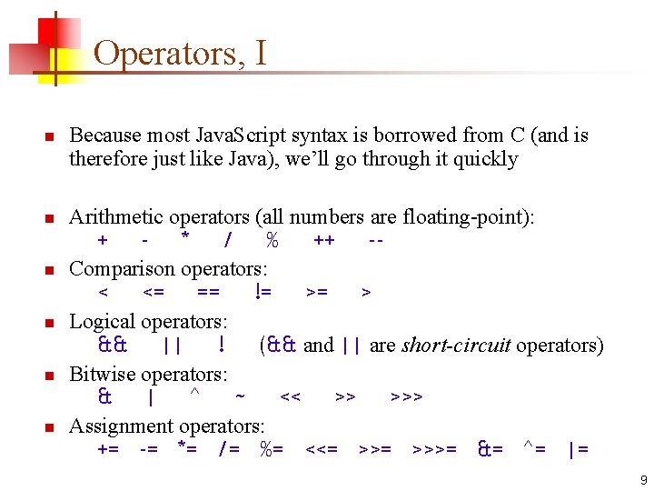 Operators, I n n n Because most Java. Script syntax is borrowed from C Operators, I n n n Because most Java. Script syntax is borrowed from C
