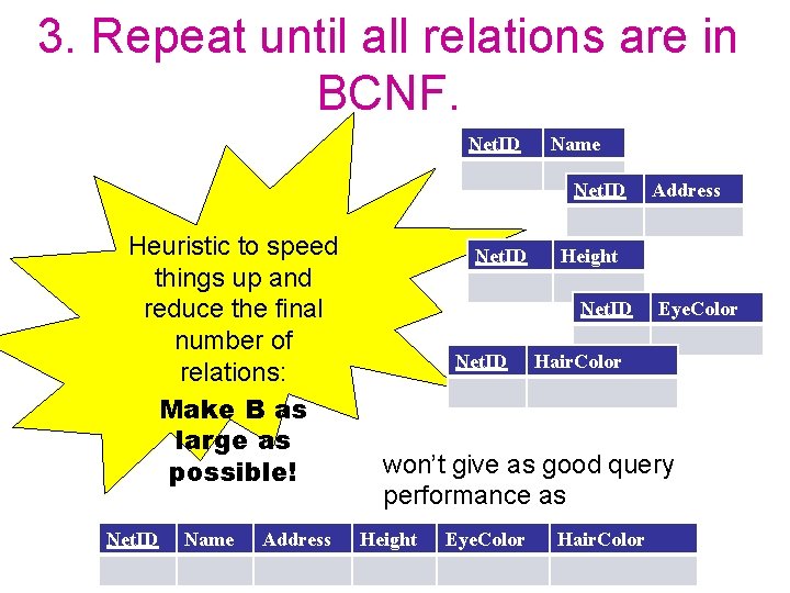 3. Repeat until all relations are in BCNF. Net. ID Name Net. ID Heuristic