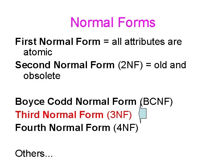 Normal Forms First Normal Form = all attributes are atomic Second Normal Form (2