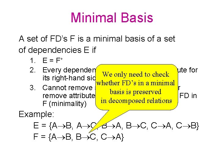Minimal Basis A set of FD’s F is a minimal basis of a set