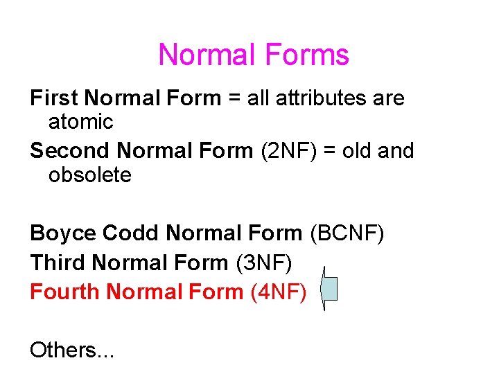 Normal Forms First Normal Form = all attributes are atomic Second Normal Form (2