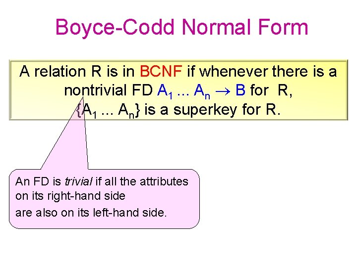 Boyce-Codd Normal Form A relation R is in BCNF if whenever there is a