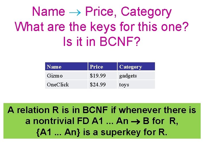 Name Price, Category What are the keys for this one? Is it in BCNF?