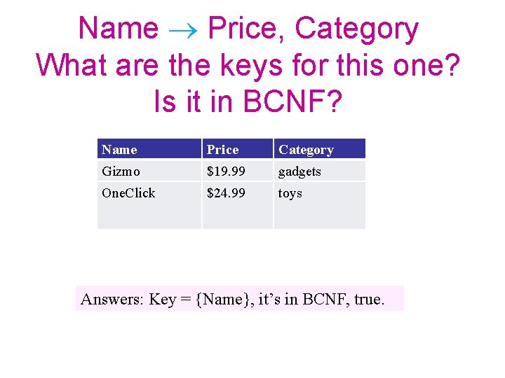 Name Price, Category What are the keys for this one? Is it in BCNF?
