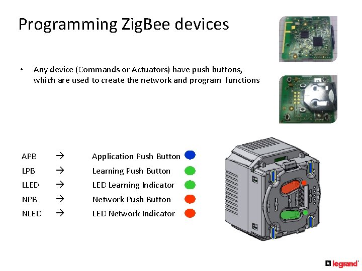 Programming Zig. Bee devices • Any device (Commands or Actuators) have push buttons, which