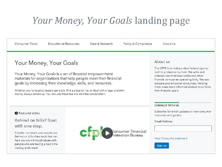 Your Money, Your Goals landing page 