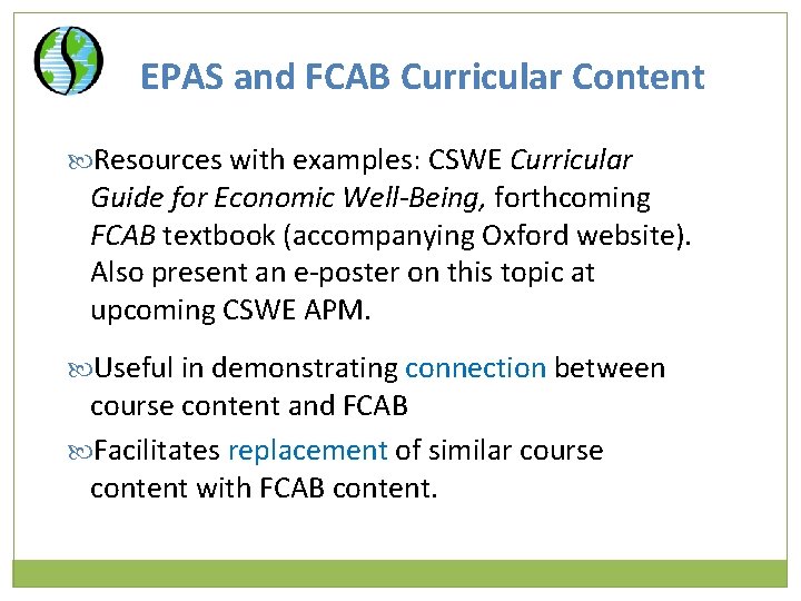 EPAS and FCAB Curricular Content Resources with examples: CSWE Curricular Guide for Economic Well-Being,