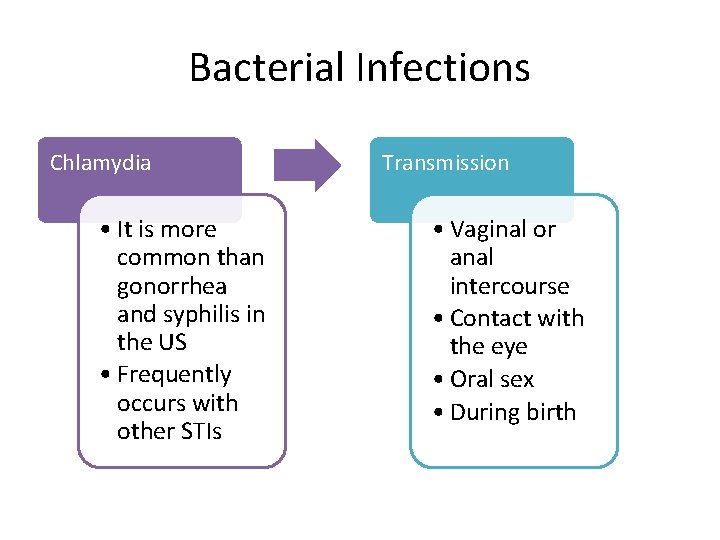 Bacterial Infections Chlamydia • It is more common than gonorrhea and syphilis in the