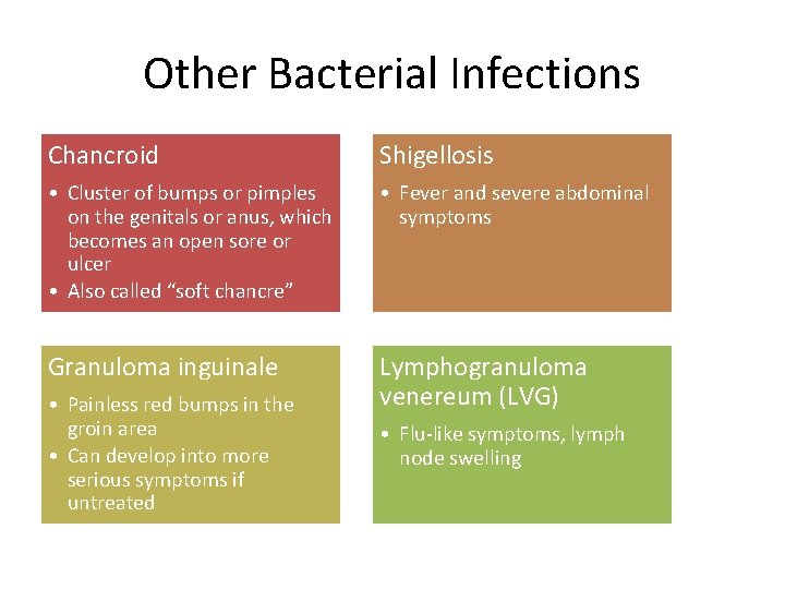 Other Bacterial Infections Chancroid Shigellosis • Cluster of bumps or pimples on the genitals