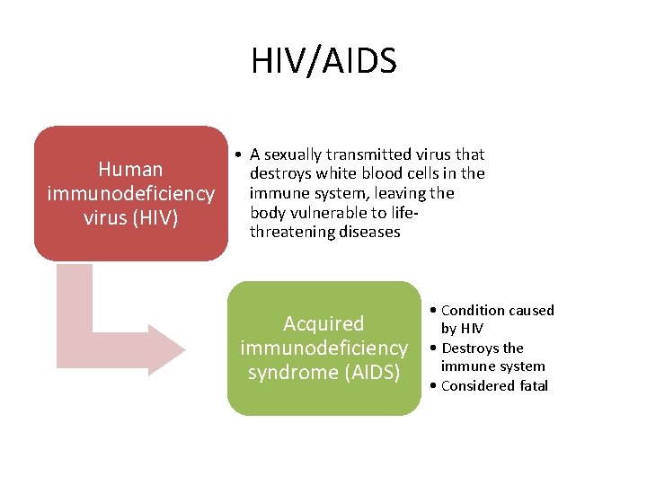 HIV/AIDS Human immunodeficiency virus (HIV) • A sexually transmitted virus that destroys white blood