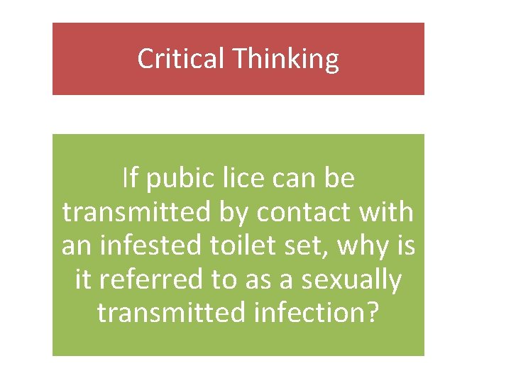 Critical Thinking If pubic lice can be transmitted by contact with an infested toilet