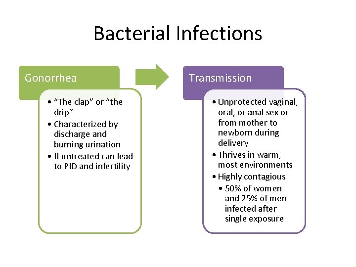 Bacterial Infections Gonorrhea • “The clap” or “the drip” • Characterized by discharge and