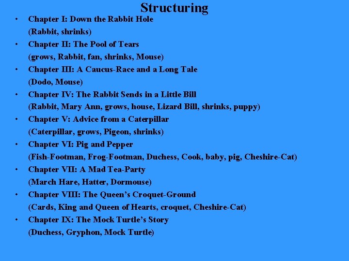  • • • Structuring Chapter I: Down the Rabbit Hole (Rabbit, shrinks) Chapter