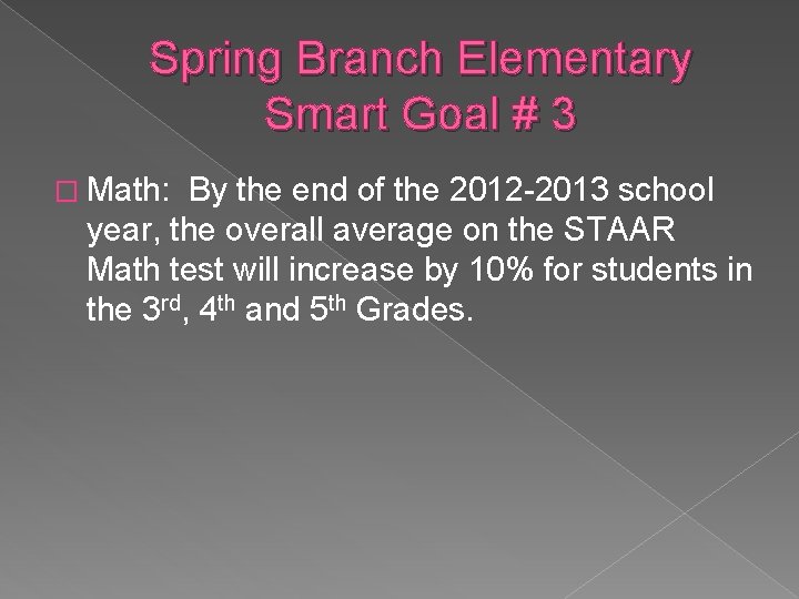 Spring Branch Elementary Smart Goal # 3 � Math: By the end of the