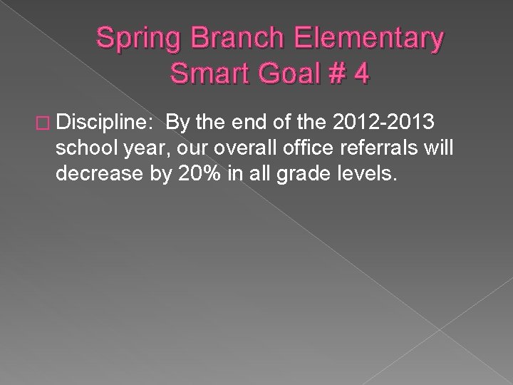 Spring Branch Elementary Smart Goal # 4 � Discipline: By the end of the