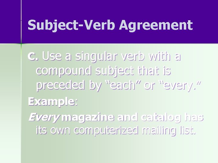 Subject-Verb Agreement C. Use a singular verb with a compound subject that is preceded