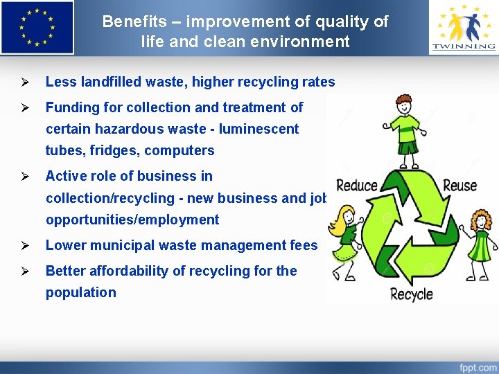Benefits – improvement of quality of life and clean environment Ø Less landfilled waste,
