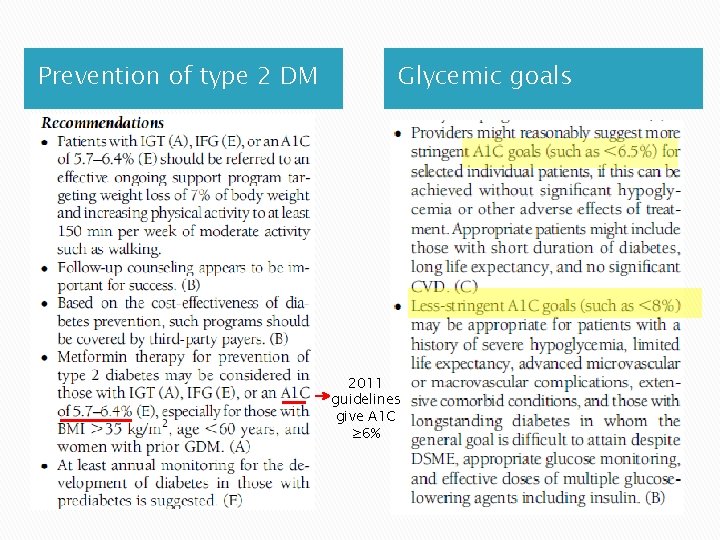 Prevention of type 2 DM Glycemic goals 2011 guidelines give A 1 C ≥