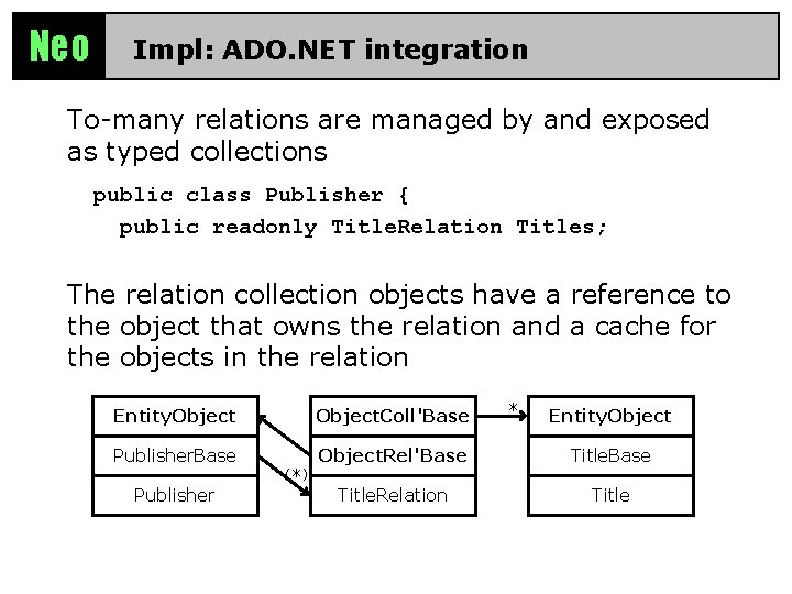 Neo Impl: ADO. NET integration To-many relations are managed by and exposed as typed