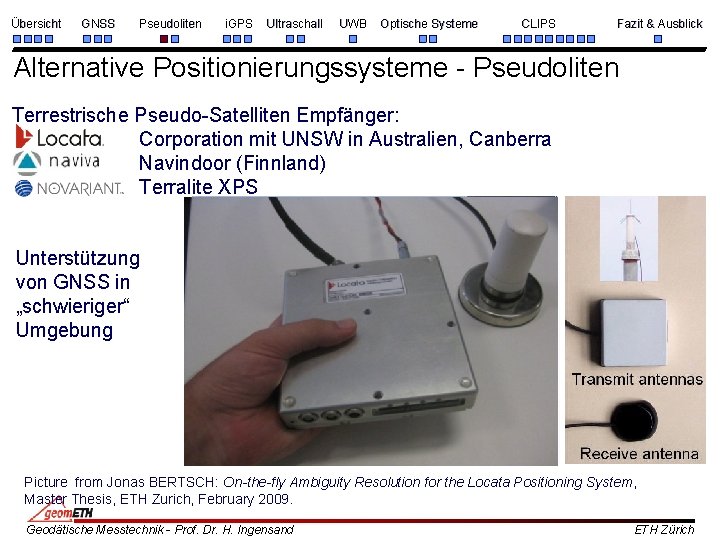 Übersicht GNSS Pseudoliten i. GPS Ultraschall UWB Optische Systeme CLIPS Fazit & Ausblick Alternative