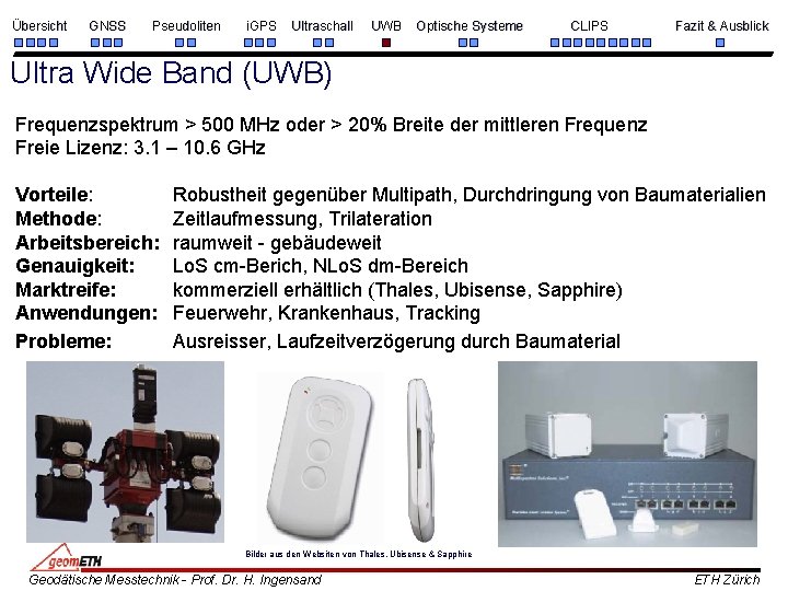 Übersicht GNSS Pseudoliten i. GPS Ultraschall UWB Optische Systeme CLIPS Fazit & Ausblick Ultra