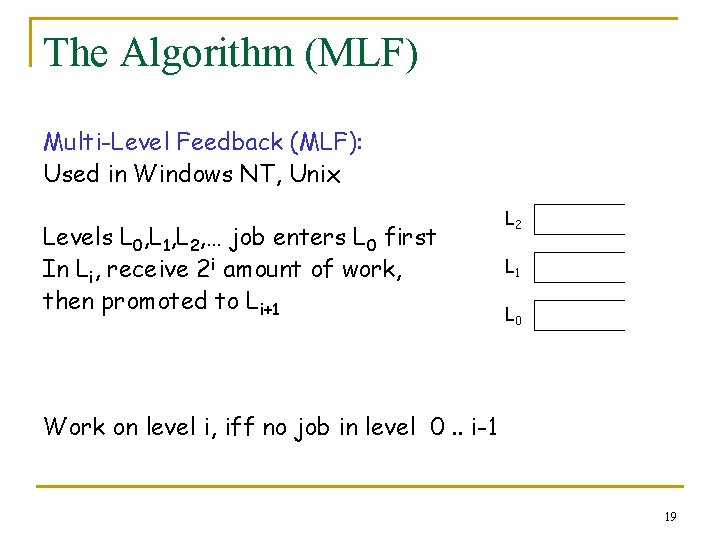 The Algorithm (MLF) Multi-Level Feedback (MLF): Used in Windows NT, Unix Levels L 0,