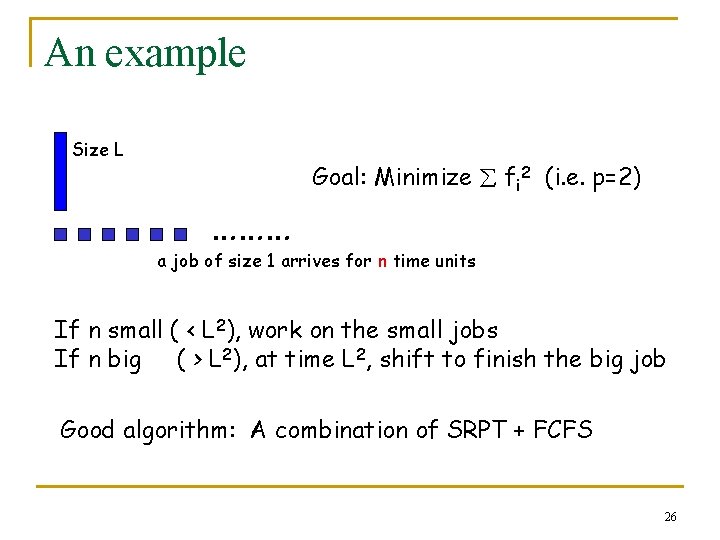 An example Size L ……… Goal: Minimize fi 2 (i. e. p=2) a job