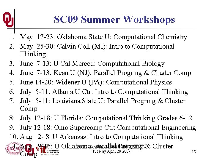 SC 09 Summer Workshops 1. May 17 -23: Oklahoma State U: Computational Chemistry 2.