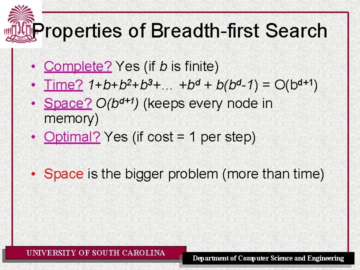 Properties of Breadth-first Search • Complete? Yes (if b is finite) • Time? 1+b+b