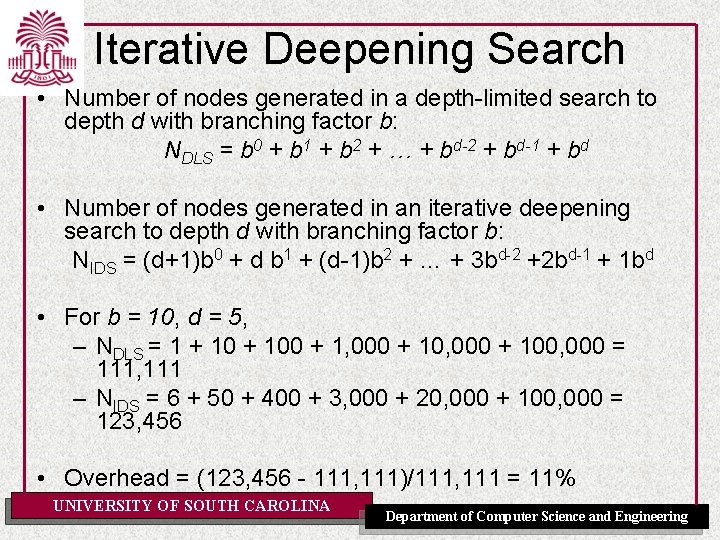 Iterative Deepening Search • Number of nodes generated in a depth-limited search to depth