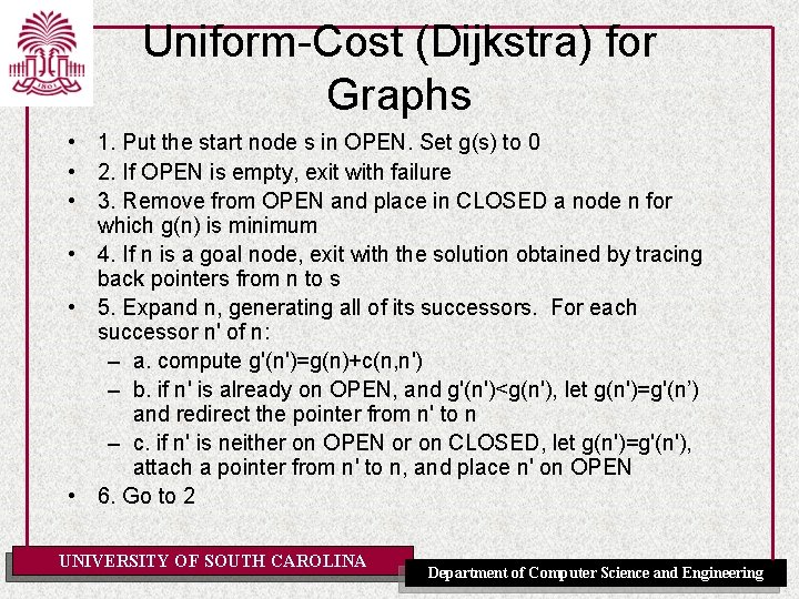 Uniform-Cost (Dijkstra) for Graphs • 1. Put the start node s in OPEN. Set