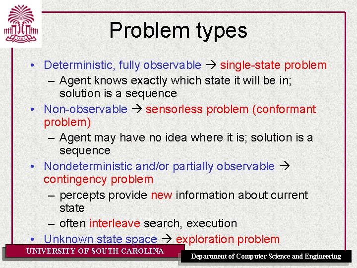 Problem types • Deterministic, fully observable single-state problem – Agent knows exactly which state