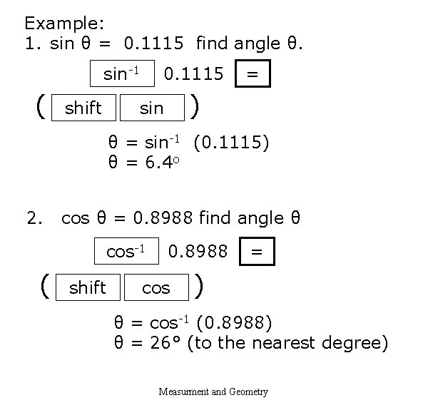 Example: 1. sin θ = 0. 1115 find angle θ. sin-1 ( shift 0.
