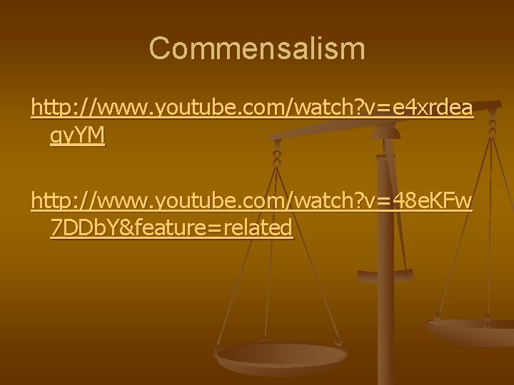 Commensalism http: //www. youtube. com/watch? v=e 4 xrdea gy. YM http: //www. youtube. com/watch?