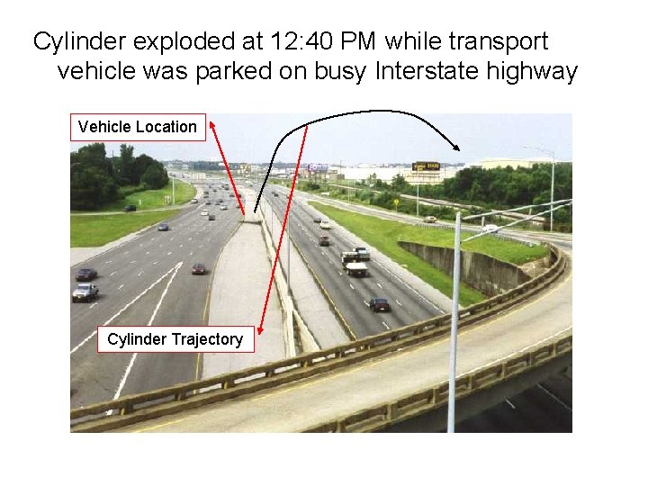 Cylinder exploded at 12: 40 PM while transport vehicle was parked on busy Interstate