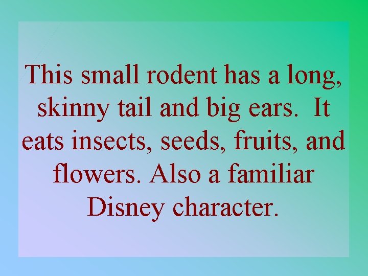 3 -200 This small rodent has a long, skinny tail and big ears. It