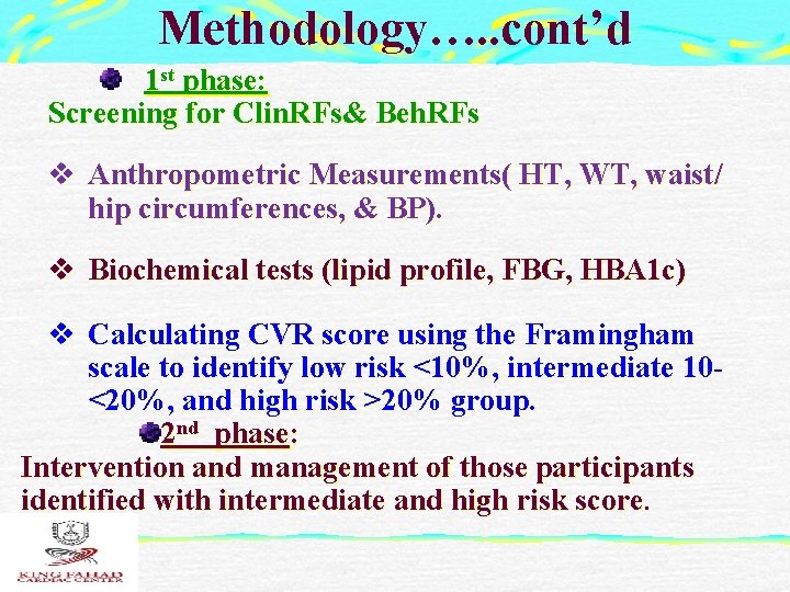 Methodology…. . cont’d 1 st phase: Screening for Clin. RFs& Beh. RFs v Anthropometric