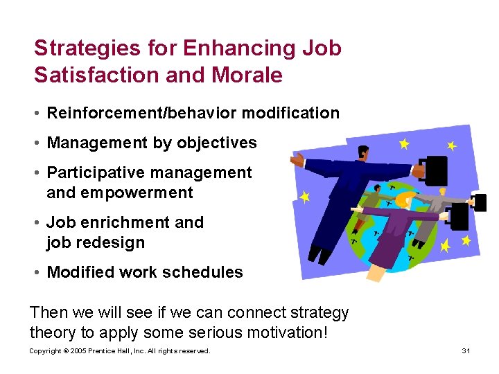 Strategies for Enhancing Job Satisfaction and Morale • Reinforcement/behavior modification • Management by objectives