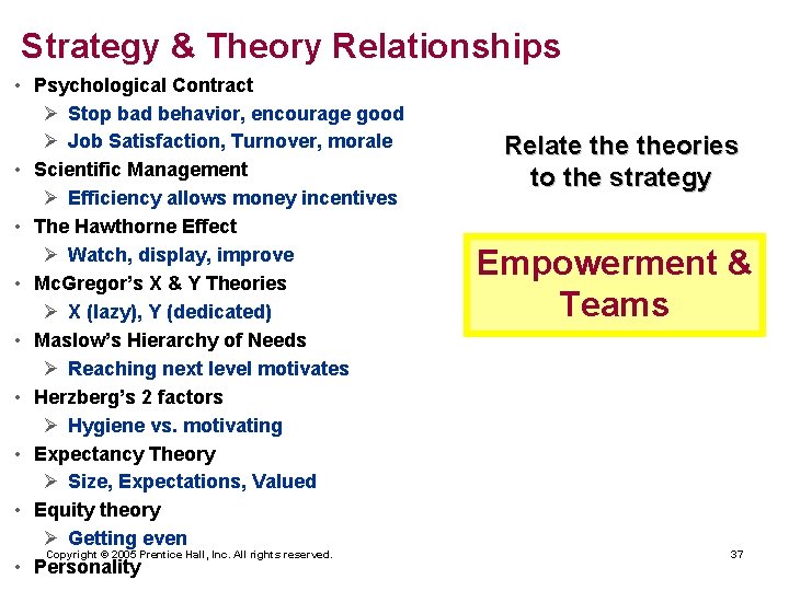 Strategy & Theory Relationships • Psychological Contract Ø Stop bad behavior, encourage good Ø
